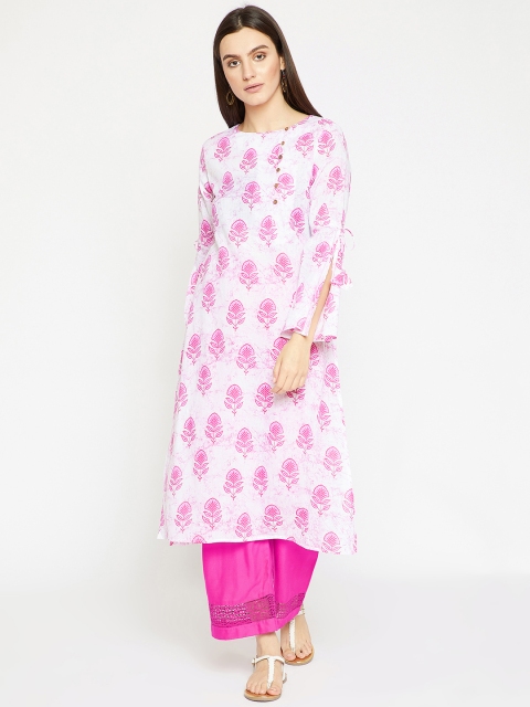 

RARE ROOTS Women White & Pink Printed A-Line Kurta