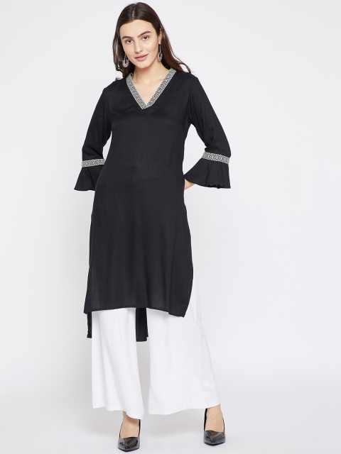 

RARE ROOTS Women Black Embroidered Straight Kurta