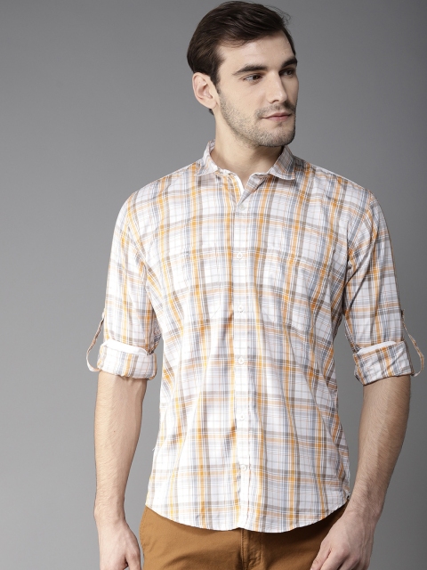 

DENNISON Men White & Orange Slim Fit Checked Casual Shirt