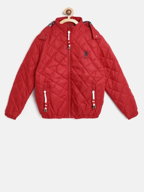 

U.S. Polo Assn. Kids Boys Red Solid Quilted Jacket with Detachable Hood