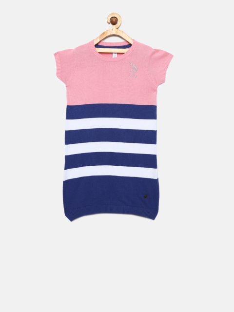 

U.S. Polo Assn. Kids Girls Pink & Navy Blue Striped Sweater Dress