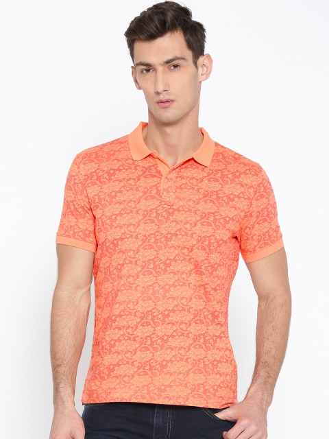 

Blackberrys Men Coral Orange Printed Polo Collar T-shirt