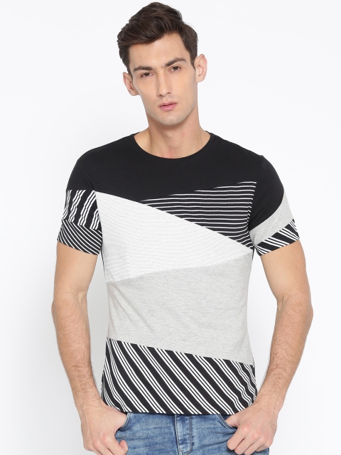 

Blackberrys Men Black & Grey Melange Striped Round Neck T-shirt