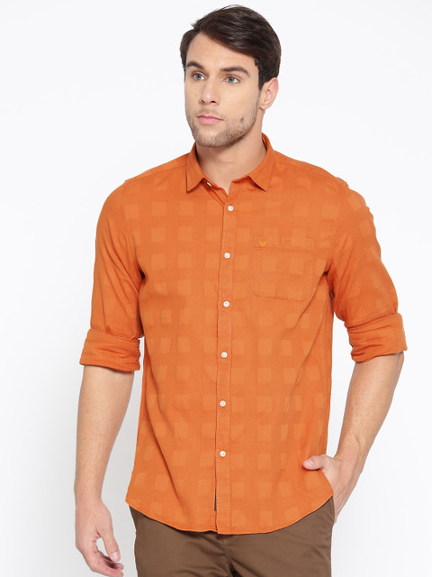 

Blackberrys Men Rust Orange Slim Fit Self-Checked Casual Shirt
