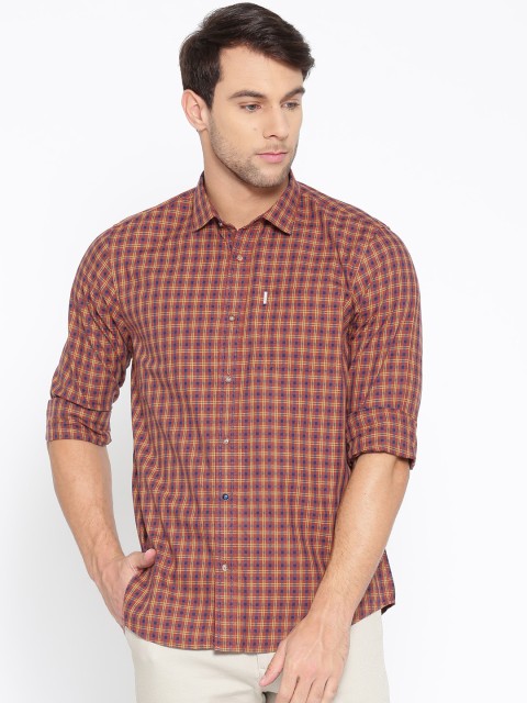

Blackberrys Men Rust Orange & Navy Blue Slim Fit Checked Casual Shirt