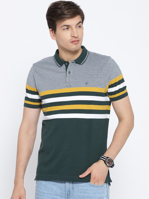 

Blackberrys Men Green & White Striped Polo Collar T-shirt