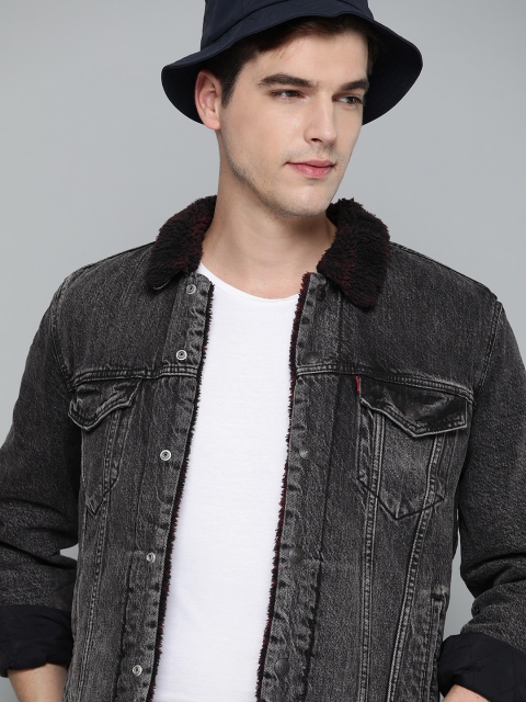 

Levis Men Charcoal Grey Solid Faux Fur Denim Jacket