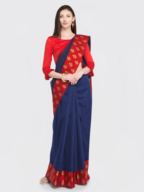 

Satrani Navy Blue & Red Poly Silk Striped Kota Saree
