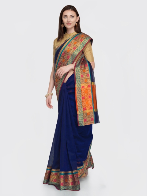 

Satrani Navy Blue & Orange Poly Silk Woven Design Kota Saree