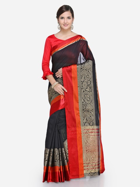 

Satrani Black & Gold-Toned Cotton Blend Woven Design Maheshwari Saree