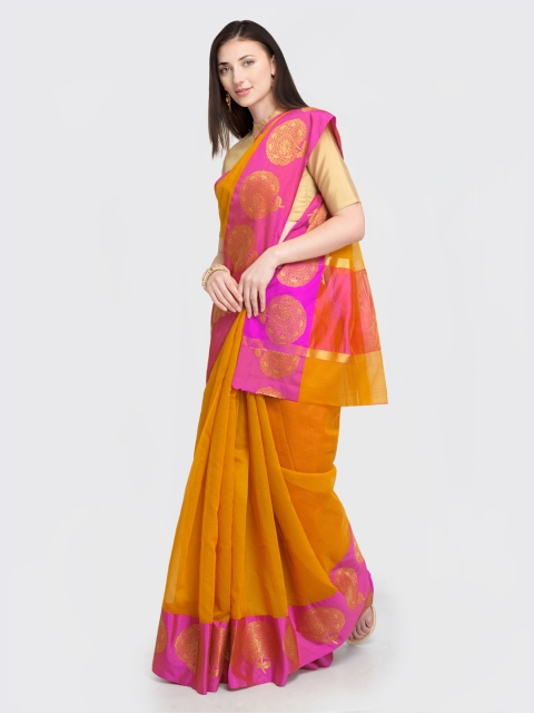 

Satrani Mustard Yellow & Pink Poly Silk Woven Design Kota Saree