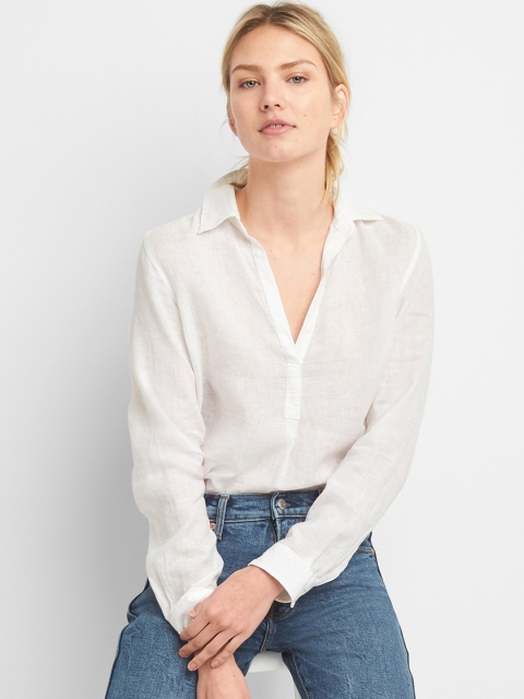 

GAP Women Shirt Boyfriend Tunic Stripe Shirt In Linen, White