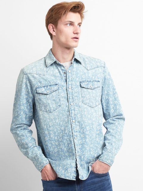 

GAP Men Blue Slim Fit Floral Print Western Shirt In Denim