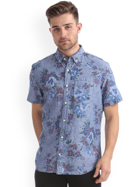 

GAP Men Standard Fit Short Sleeve Shirt in Linen-Cotton, Blue