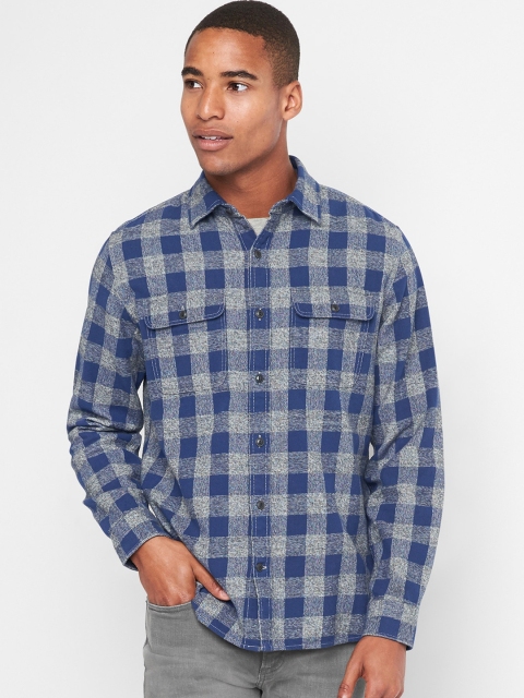 

GAP Men Blue & Grey Heathered Flannel Gingham Standard Fit Shirt