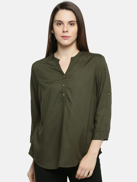 

Annabelle by Pantaloons Women Olive Green Self Design A-Line Pure Cotton Top