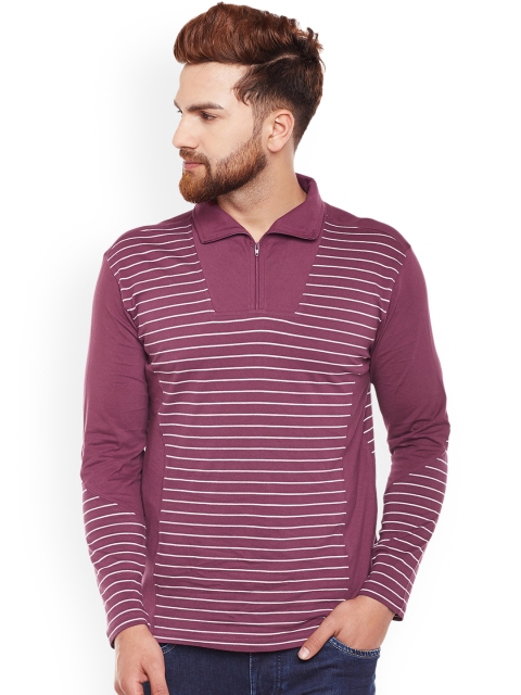 

Hypernation Men Purple Striped Polo Collar T-shirt