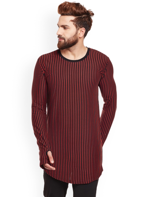 

Hypernation Men Red Striped Round Neck Longline Pure Cotton T-shirt