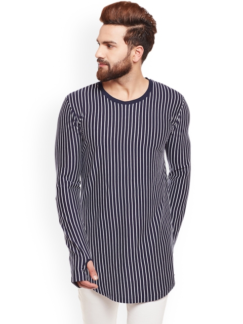 

Hypernation Men Navy Blue Striped Round Neck Longline Pure Cotton T-shirt