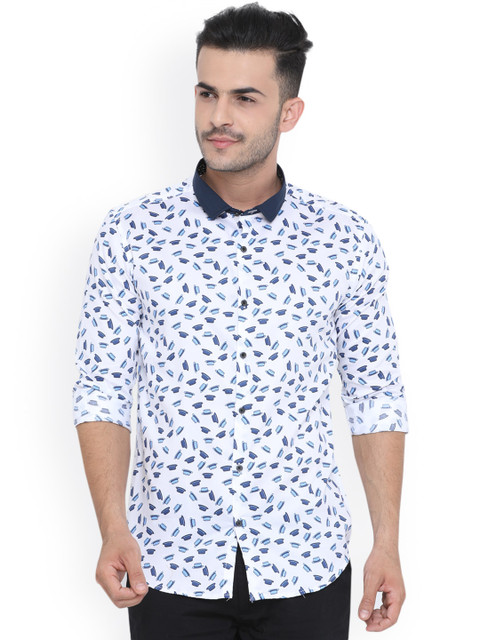 

WITH Men White & Blue Slim Fit Printed Casual Shirt