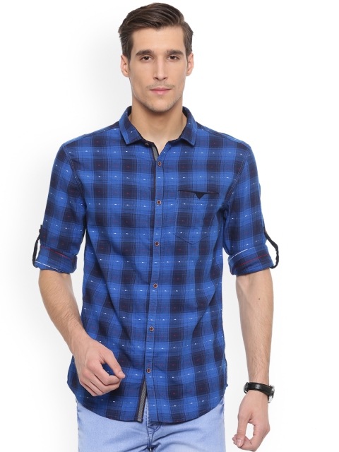 

WITH Men Navy Blue Slim Fit Checked Casual Shirt