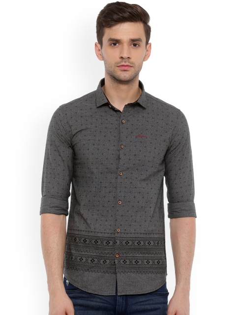 

WITH Men Grey & Black Slim Fit Printed Casual Shirt