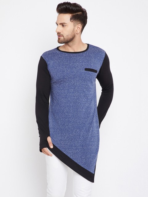 

Hypernation Men Blue Colourblocked Round Neck Longline T-shirt
