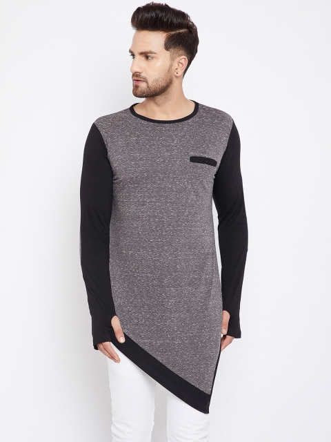 

Hypernation Men Grey Colourblocked Round Neck Longline T-shirt
