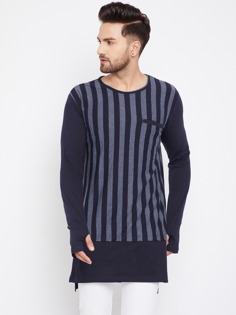 

Hypernation Men Navy Blue Striped Round Neck Longline T-shirt