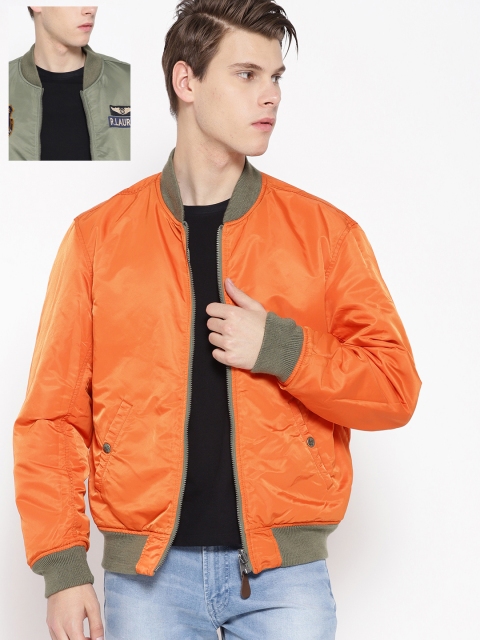 

Polo Ralph Lauren Men Olive Green & Orange Solid Reversible Bomber Jacket