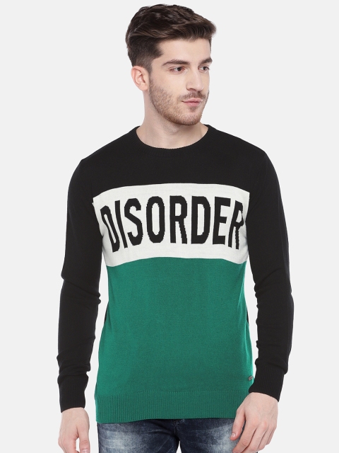 

People Men Black & Teal Green Colourblocked Pullover