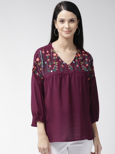 

plusS Women Burgundy Embroidered Boxy Top