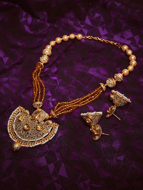

PANASH Gold-Plated, White & Yellow Kundan Studded Beaded Handcrafted Jewellery Set