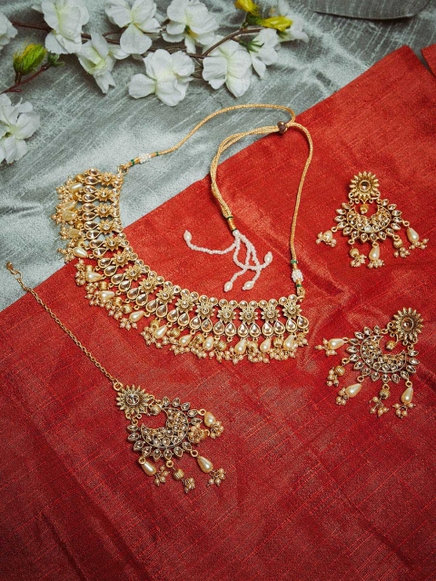 

PANASH Gold-Plated & Peach-Coloured & Off-White Pearl Studded Handcrafted Jewellery Set