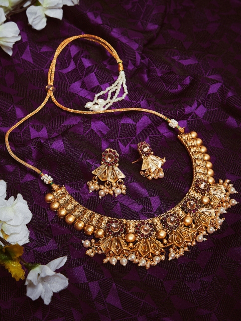 

PANASH Gold-Plated & Off-White Pearl Studded Handcrafted Jewellery Set