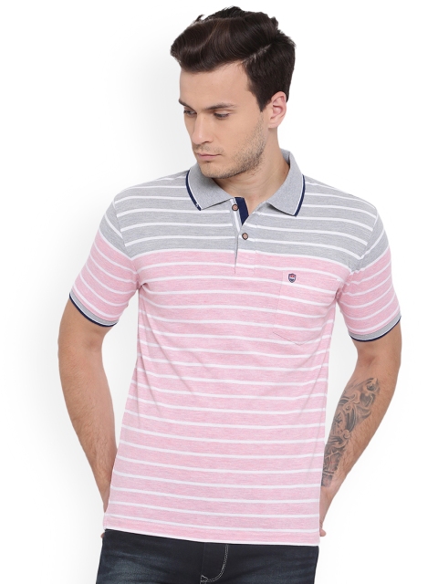 

Duke Men Grey Striped Polo Collar T-shirt