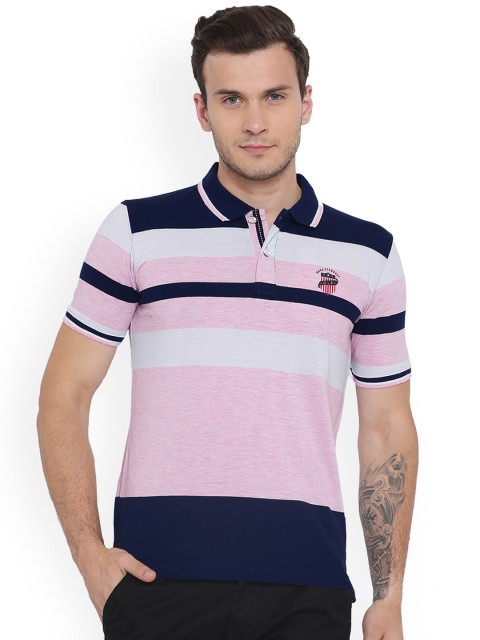 

Duke Men Navy Blue Striped Polo Collar T-shirt