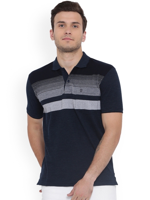 

Duke Men Navy Blue Striped Polo Collar T-shirt