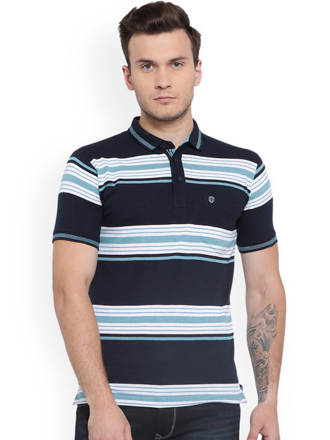 

Duke Men Navy Blue & White Striped Polo Collar T-shirt