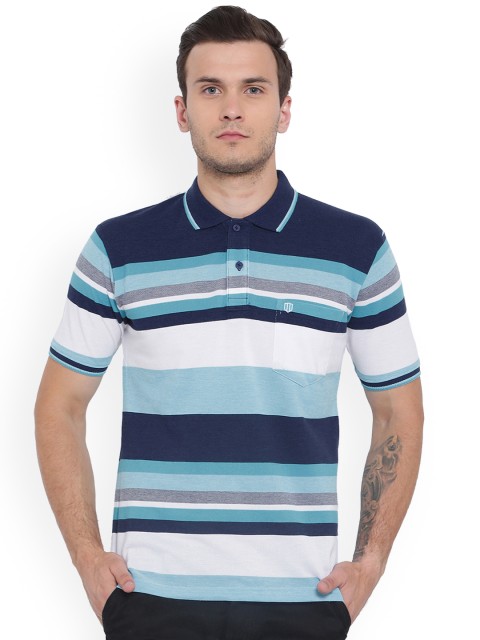 

Duke Men Navy Blue Striped Polo Collar T-shirt