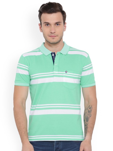 

Duke Men Sea Green Striped Polo Collar T-shirt