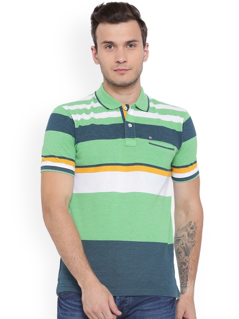 

Duke Men Green & Teal Blue Striped Polo Collar T-shirt