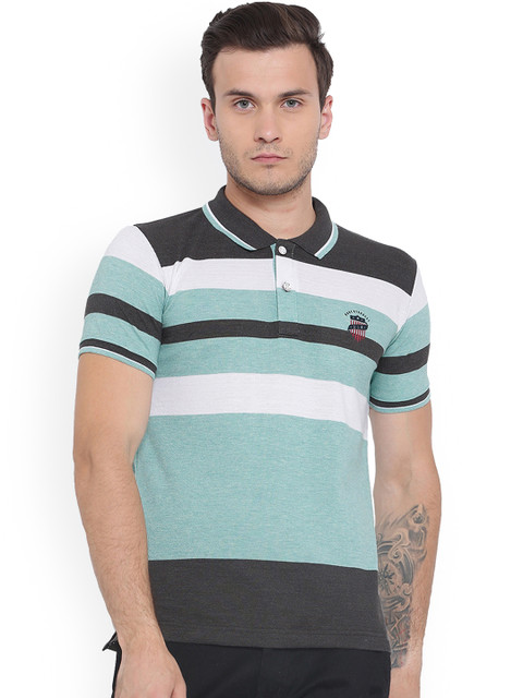 

Duke Men Grey Striped Polo Collar T-shirt