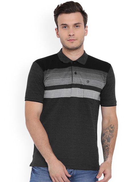 

Duke Men Black Striped Polo Collar T-shirt