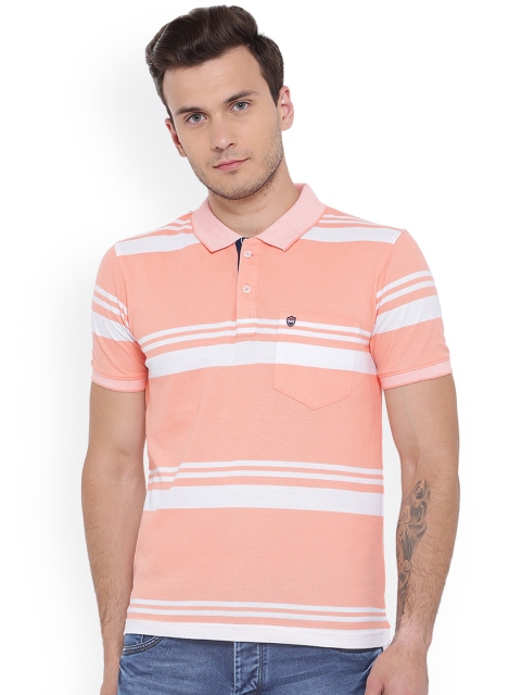 

Duke Men Peach-Coloured Striped Polo Collar T-shirt