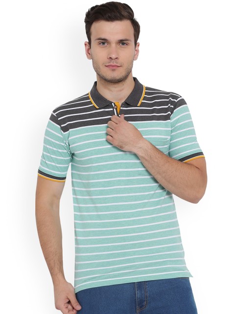 

Duke Men Grey & Green Striped Polo Collar T-shirt