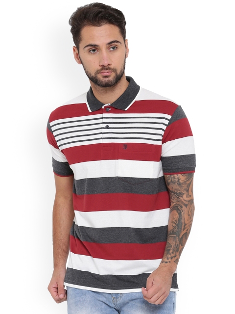 

Duke Men Grey & Red Striped Polo Collar T-shirt