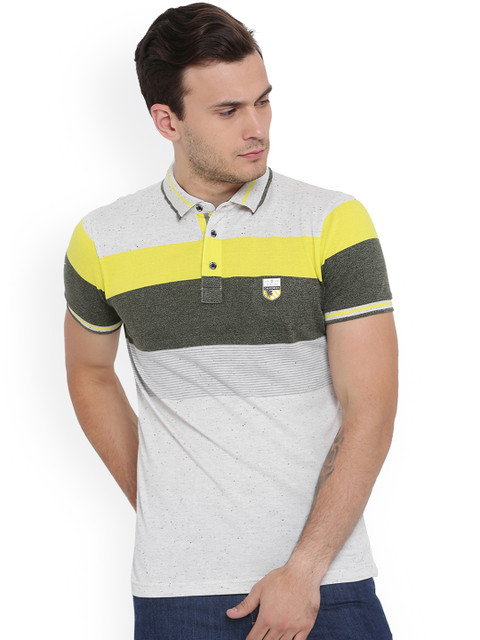 

Duke Men Green Striped Polo Collar T-shirt