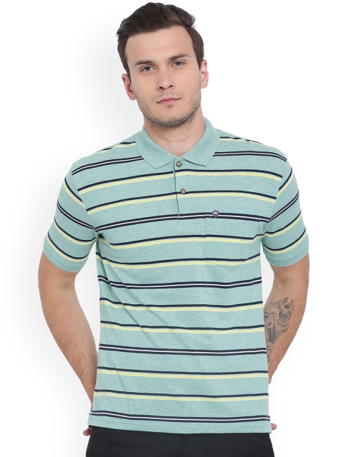 

Duke Men Green Striped Polo Collar T-shirt