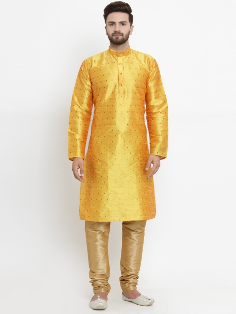 

Jompers Men Yellow & Beige Self Design Kurta with Churidar